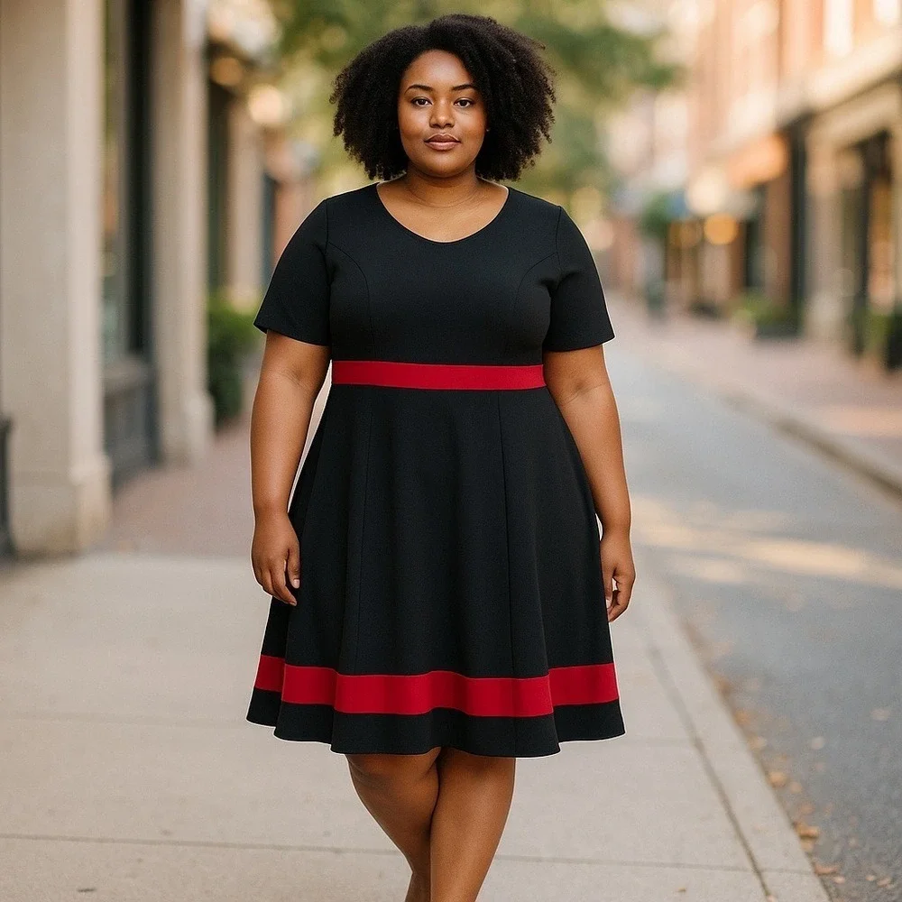 SHEIN Curve Black Red Fit & Flare Business Causal Maxi Dress Stretch Size 1XL